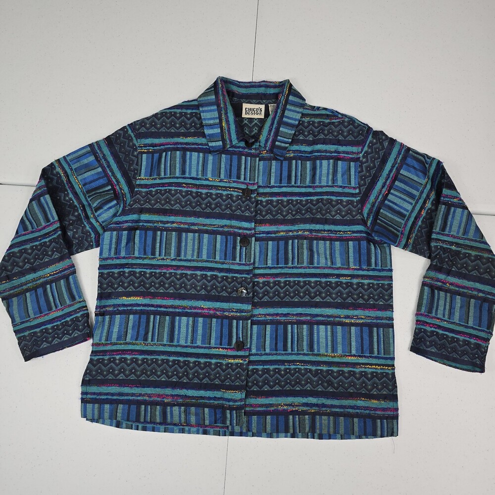 Vintage 90s Chico's Design Sz 1 Blue/Colorful Patchwork Jacket/Shacket